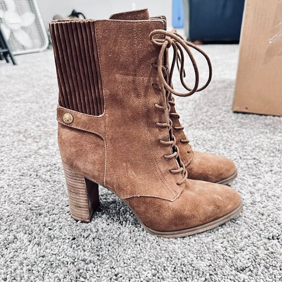 MICHAEL MICHAEL KORS Carrigan Lace-Up Booties Brown Leather Mob Wife Moto 8.5 - Picture 1 of 12